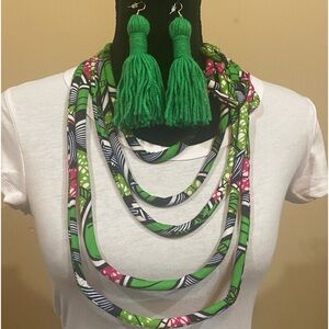 African Necklace and Earrings Set Green